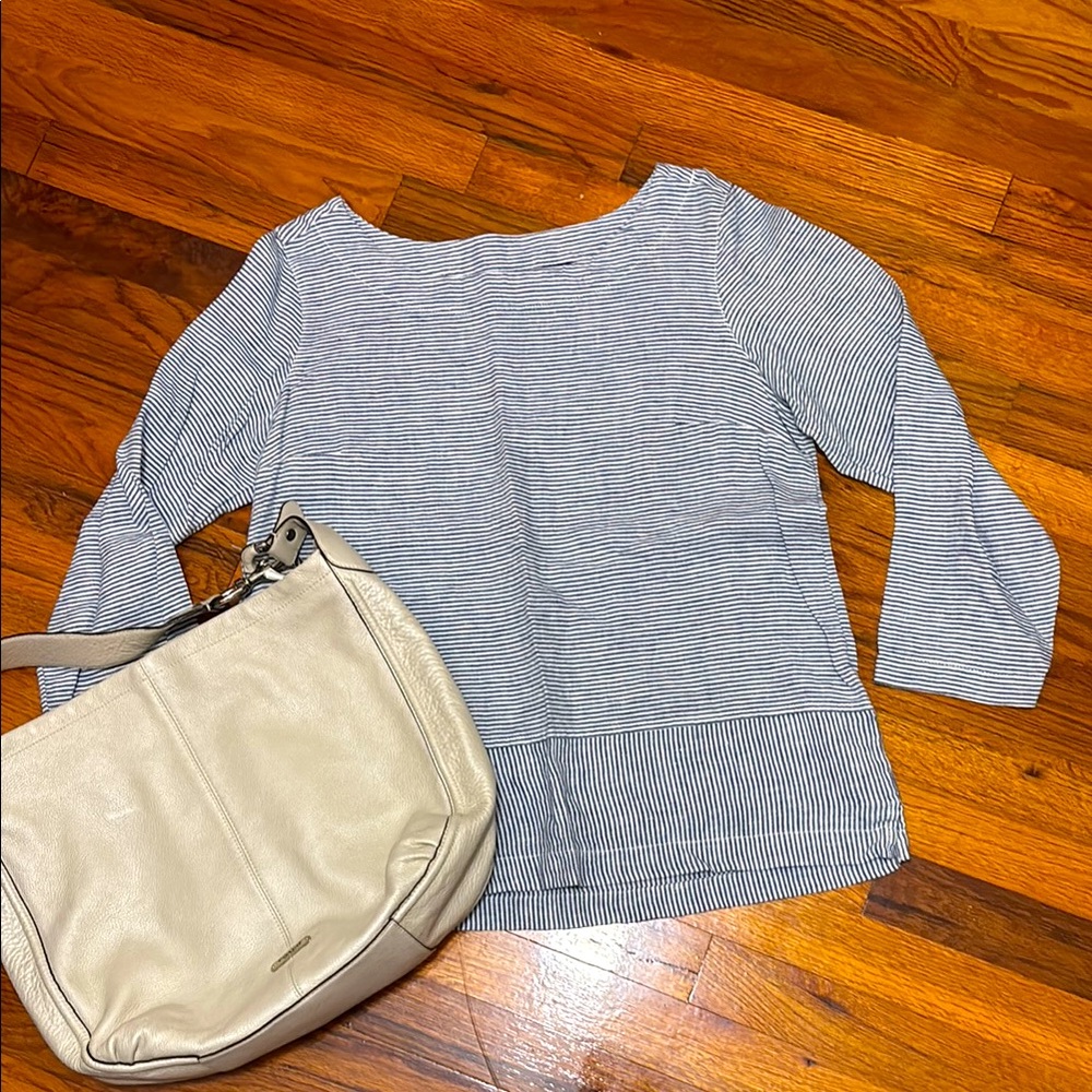 EUC Tahari Blue & White Linen 3/4 Sleeve Pullover Tunic Top